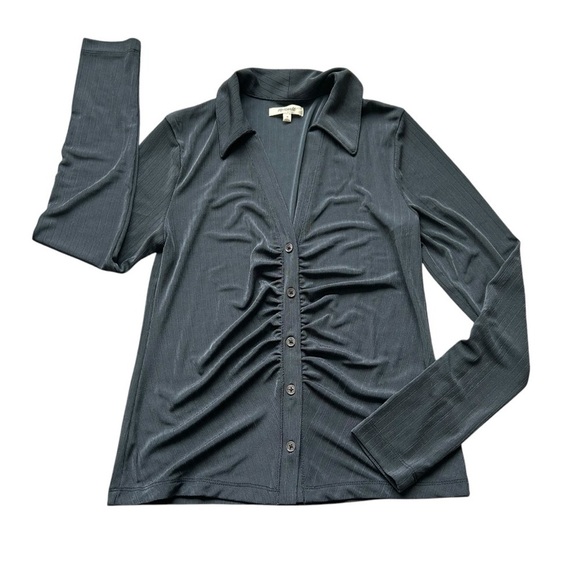 Madewell Metallic Rib Ruched Long-Sleeve Top Dark Pavement size medium disco 70s - Picture 2 of 7